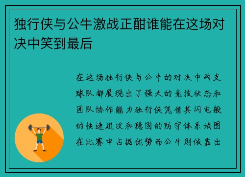 独行侠与公牛激战正酣谁能在这场对决中笑到最后